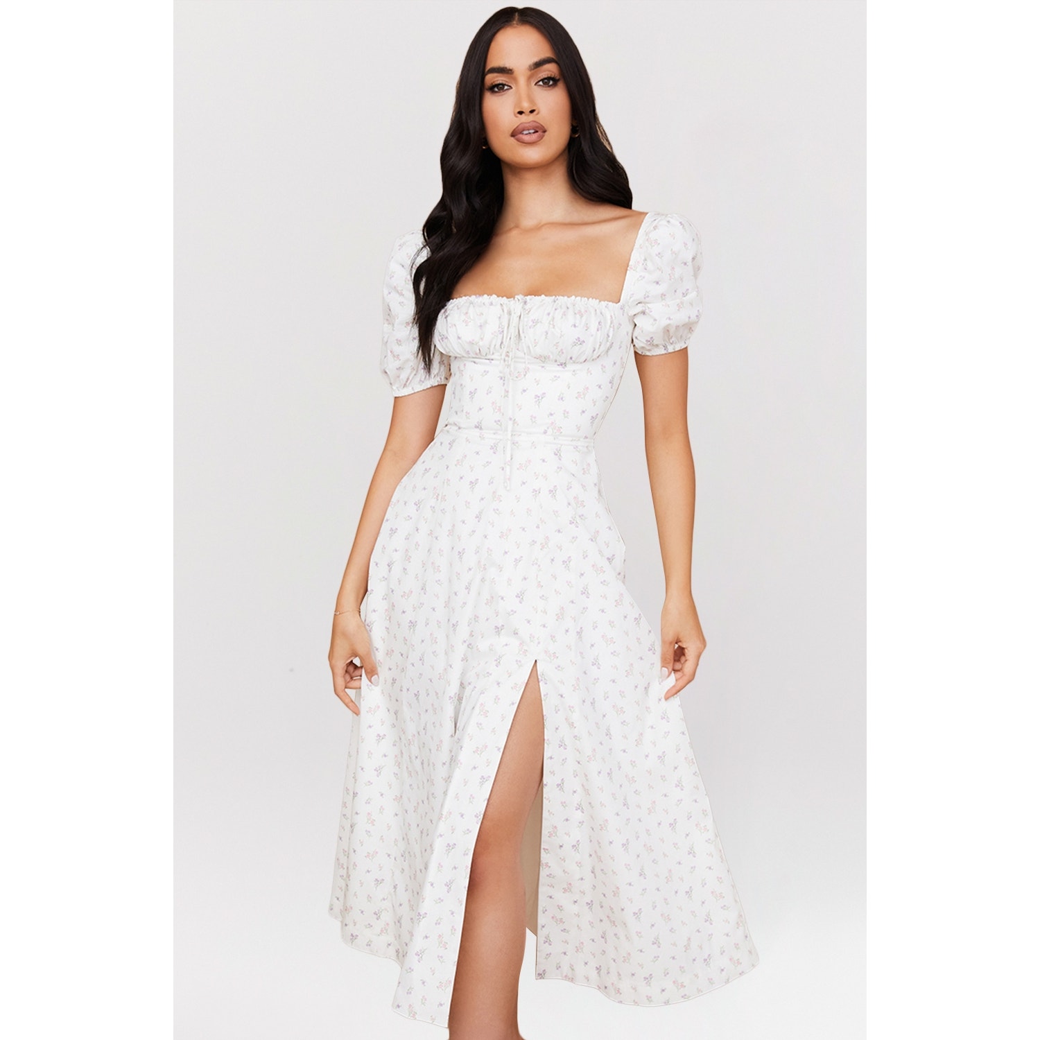 House Of Cb Tallulah White Floral Puff Sleeve Midi Dress